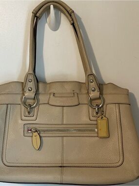Coach Penelope Beige/Tan Leather Shopper with Front Zip Pocket Ruffle Top